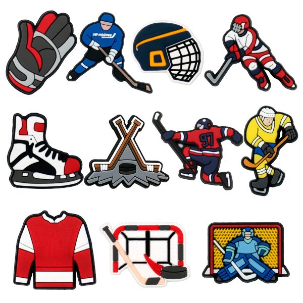 11pcs Hockey Shoe Charms Accessories Sports Gloves Hat Skates Shoe Clips Decorations Hockey Players Pins Clog Jeans