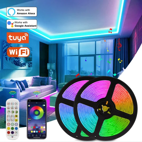 Tuya WiFi RGB LED Strip DC 5050 30LEDs/M Ribbon Work with Alexa Voice Control Color Change Bedroom Decoration 5m 10m 20m Ceiling TV Decorative Lights