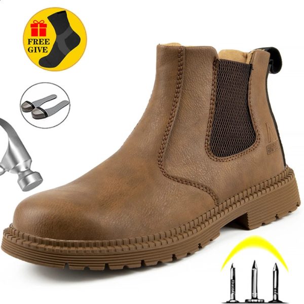 Winter Boots Leather Shoes Men Work Safety Shoes Men Indestructible Work Boots Men Safety Boots Steel Toe Shoes Chelsea Boots 240606