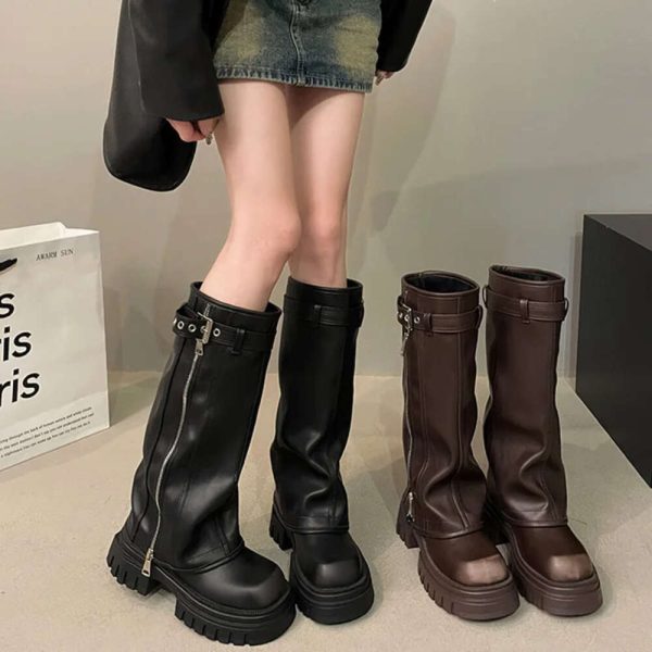 Winter Women Biker Boots Fashion Belt Buckle Ladies Elegant Platform Long Pipe Casual Women's Knee High Booties