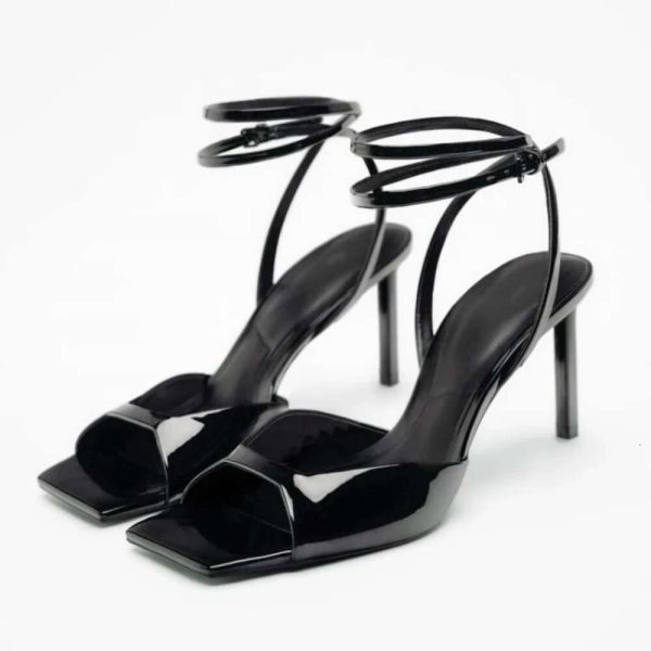 TRAF Women's Sexy Black High Heels 2024 Elegant Squared Toe Pumps Female Fashion Ankle Strap Sandals Ladies Stiletto Slingbacks