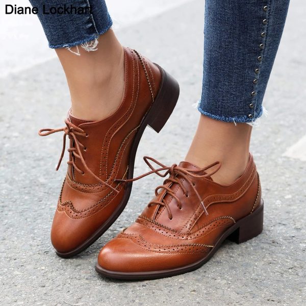 Vintage Style Casual Lace up Shoes For Women Oxfords Flats Lady 3cm Heel Brogues Round Toe Single Shoes Plus Size 41 44 240611