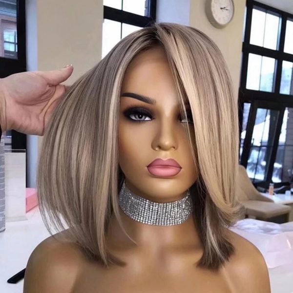 Brazilian Hair Brown Highlight Lace Front Short Bob Wigs 13x4 Colored Straight Glueless Wig Dark Roots Synthetic Blonde Wig For Women Daily Use