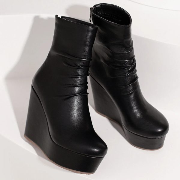 Wedges Ankle Boots Women Winter Autumn Shoes Fashion Faxu Leather Platform Womens Short Boots Sexy High Heels Black Shoes Femal 240611