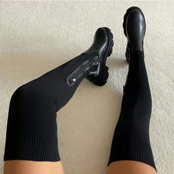 Women Thick Sole Boots Autumn Winter Breathable Knitting Sock Ladies Thigh High Boots Stretch Round Toe Shoes Plus Size 43 240611