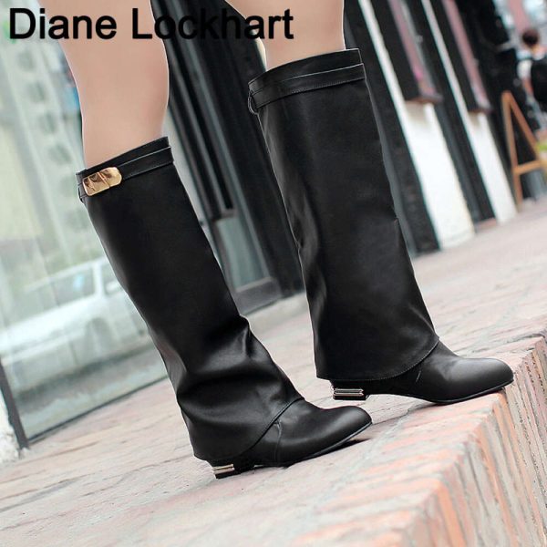 Women Buckle Belt Flock Leather Low Heel Women's Boot Autumn Winter Loose Shoes Female Black Booties Knee High Boots 33-43