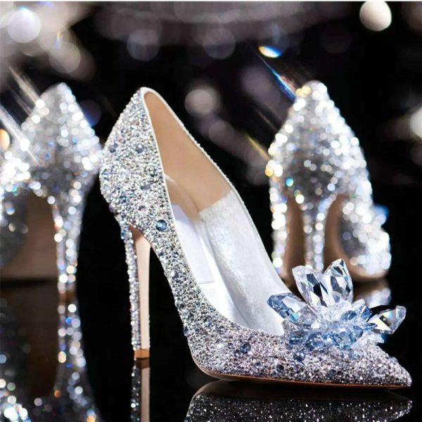 2024 Crystal Gold Dress Bridal Sier Pointed High Heels Stiletto Bridesmaid Shallow Mouth Wedding Shoes Women