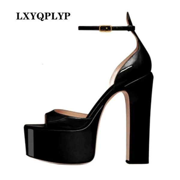 2022 New Sexy Party Women's Pumps Patent Leather Summer Sandals Thick High Heel Platform Fish Mouth Shoes Black White Big Size