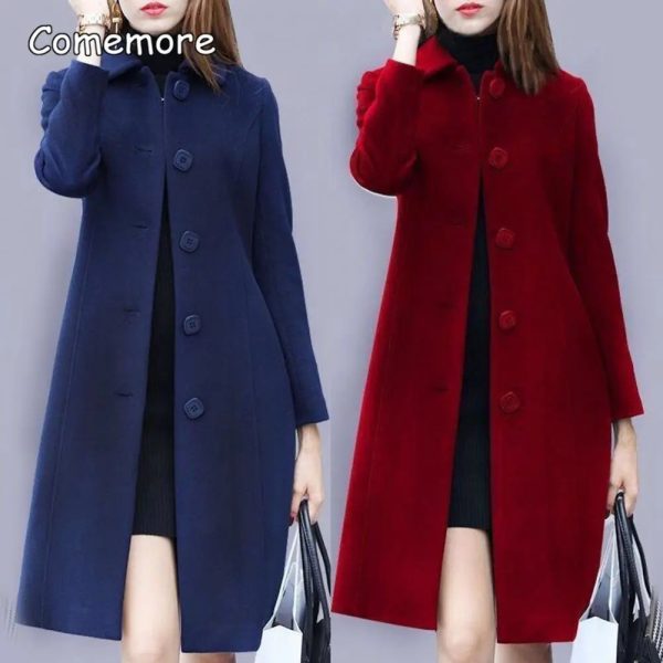 Women's Jackets Comemore Autumn Women Coat Mid-Length Collar Elegant Warm Winter Jacket Single-Breasted Solid Color Turn-down Plus Size 3XL 4XL 231012