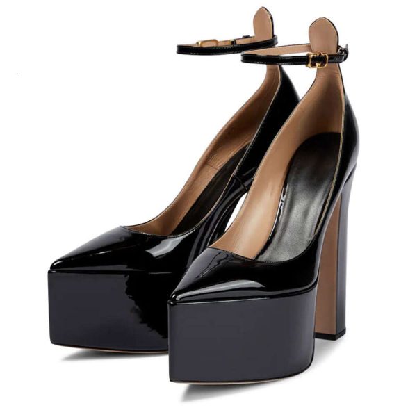 Women Platform Chunky Heel Pumps Ankle Buckle Strap Pointed Toe Leather Black Fashion Designer Sexy Nightclub Party Shoes