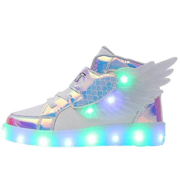 Waterproof leather childrens luminous shoes sports shoes LED lights shoelaces wings USB charging casual sports shoes girls skateboarding shoes 240614