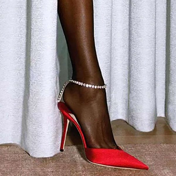 2023 European New Pointed Toe Stiletto Rhinestone High Heels Baotou Satin Super Sandals French Red Women's Pumps