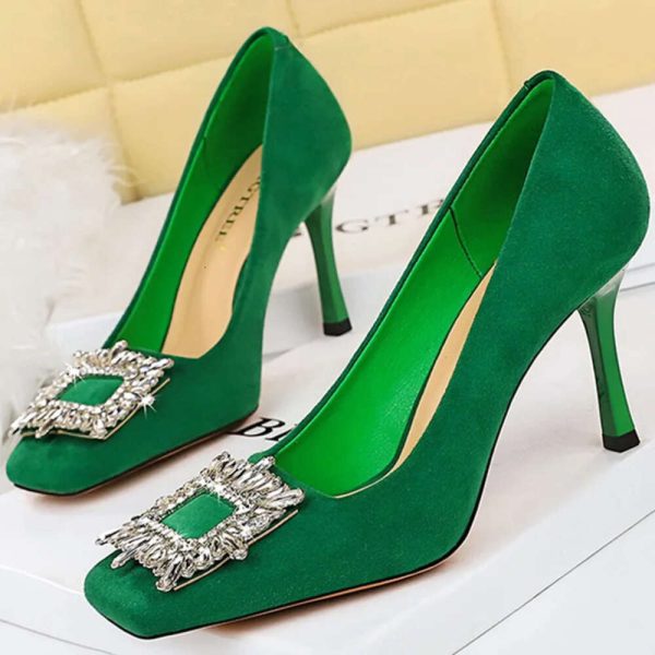 Women 9Cm High Heels Flock Shallow Green Blue Pumps Lady Toe Metal Crystal Square Buckle Wedding Nightclub Evening Shoes