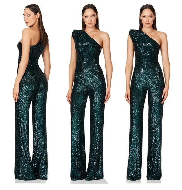 Women Elegant Long Jumpsuits One Shoulder Evening Prom Party Sexy Glitter Sequin Club Playsuits Fashion Solid Romper 240125