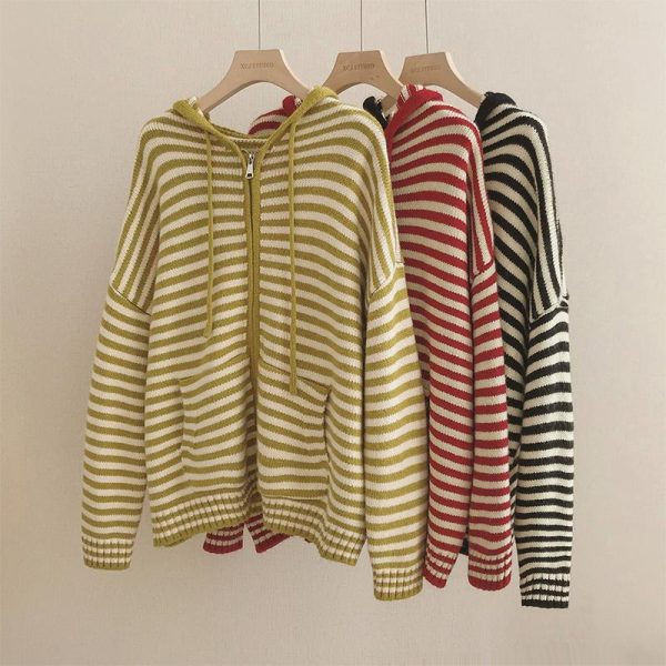 Womens Sweaters Women Stripe Hooded Knitting Sweater Zipper Cardigan Long Sleeves Casual Vintage Fashion Baggy Ladies Outerwear Tops Autumn