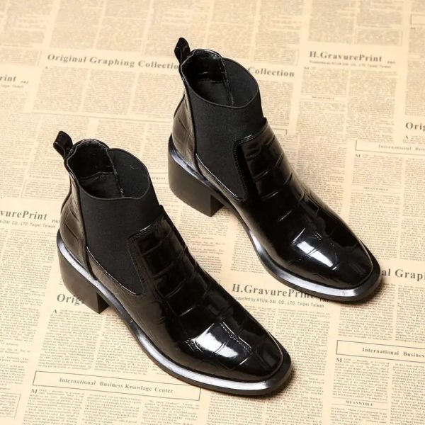 Women Round Toe Block Low Heel Chelsea Boots Black Slip On Patent Leather Ankle Boots Comfortable Non-slip Shoes 240617