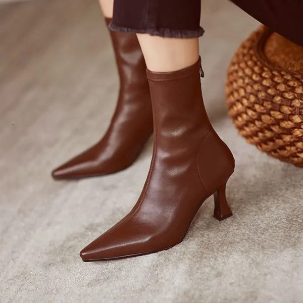 Women Pointy Brown Soft Leather Brown Elastic Boots Famele Stiletto Heels Shoes Ladies Ankle Boots Back Zipper Boots 240617