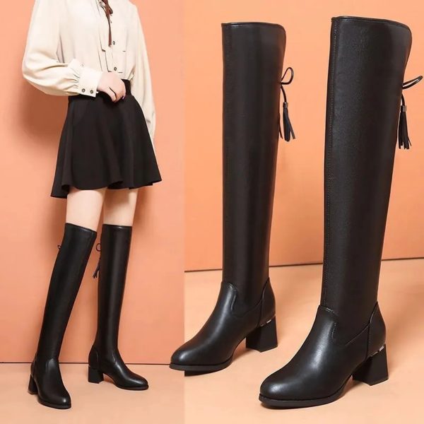 Black Long Boots For Women Fashion Square High Heel Over The Knee High Boots Winter Shoes Ladies Elegant Modern Long Boots 240618