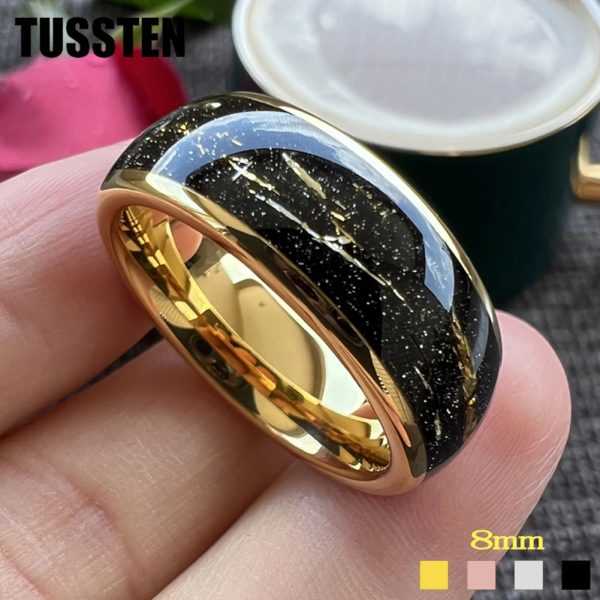 TUSSTEN 8mm Tungsten Carbide Steel Ring Black Inlaid Gold Color Foil Wedding Ring for Men and Women Jewelry Wholesale 240618