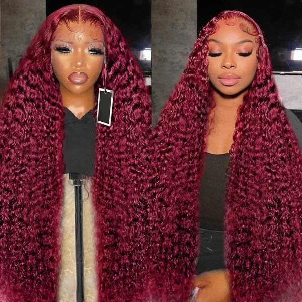 13x4 HD Brazilian 99J Burgundy Red Deep Wave Lace Front Wig Human Hair 250 Density Curly 30 40 Inch Synthetic Lace Frontal Wig Red Wine for Women