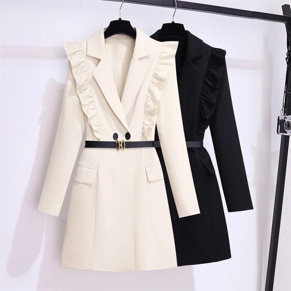 Basic Casual Dresses Autumn Runway Women Double Breasted Belt Blazers Coat Office Lady Ruffles Suit Collar Long Sleeve Korean Short Blazers Dress