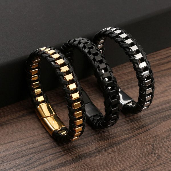 18k Gold Stainless Steel Chain Leather Bracelets Wristband Designer Jewelry Charm Multilayer Wrap Magnetic Buckle Stack Bracelet Bangle Cuff for Man Fine Jewelry