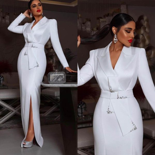 White Women Blazer Dress Plus Size Slim Jacket With Belt Prom Evening Guest Formal Wear Custom Made Satin