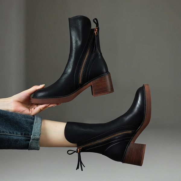 Autumn Winter Women Shoes Leather Short Boots for Women Round Toe Chunky Heel Boots Zipper Ankle Boots Female Platform Heel 240620