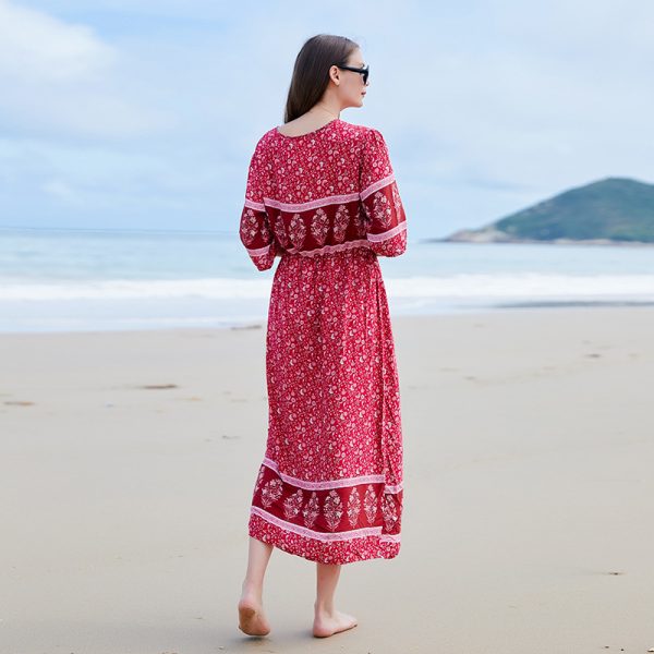 Bohemian V-neck seaside oversized floral breasted dress with slit at the hem