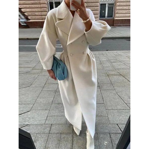 Womens Wool Blend Lapel Lantern Sleeve Long Jackets Solid Double Breasted Waist Fold Woolen Coat Winter Thick Warm Female Elegant Outwear 231020