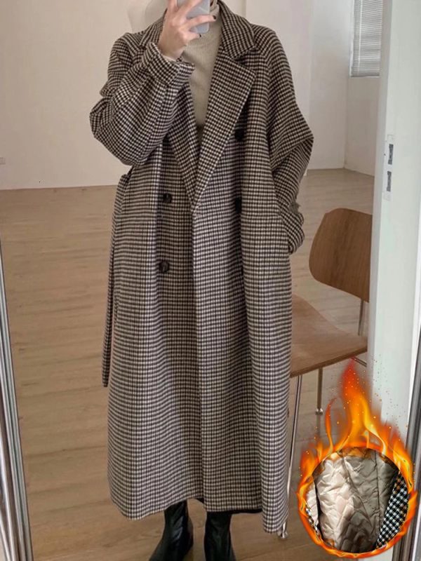 Womens Wool Blends Winter Thicken Warm Houndstooth Print Long Blend Coat Allmatch Loose Singlebreasted Belt Jackets Casual Coats 231020