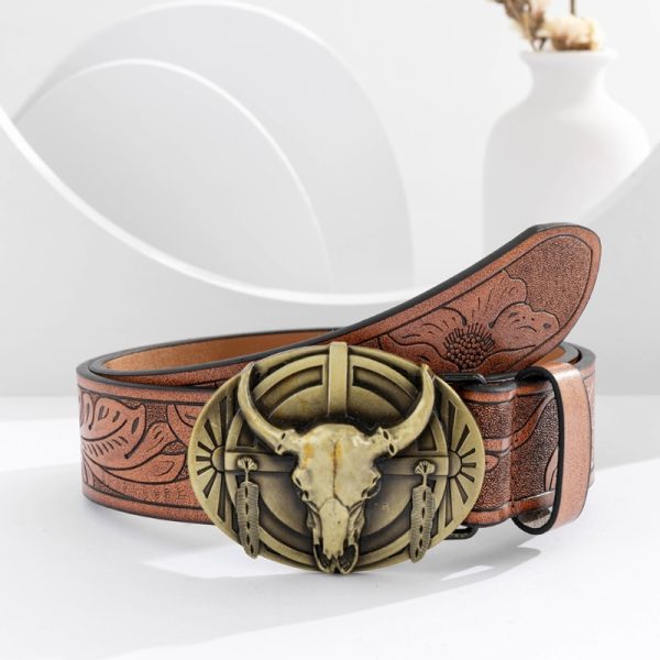 Western Men Belt for Pants Engraved Pattern Waist Belt Ethnic Jeans Belt Oval Buckle Cowboy Belt Teens Vintage Accessory DXAA