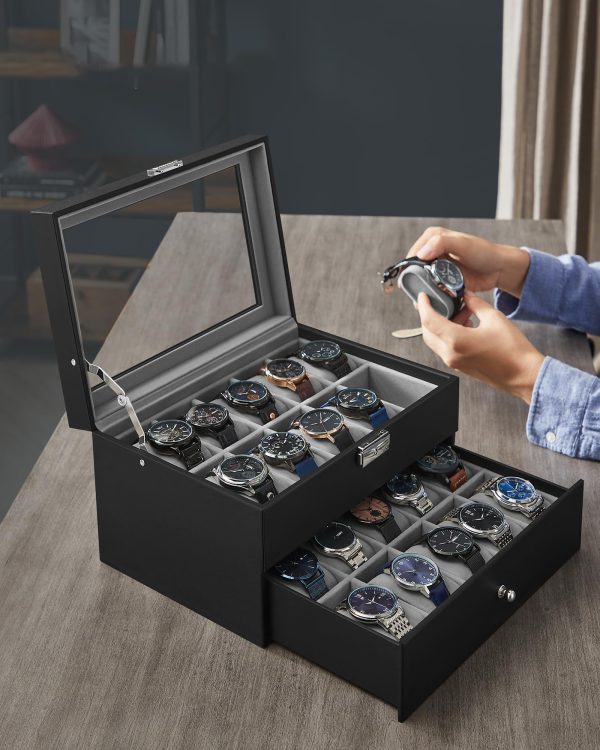 20-Slot Watch Box, Watch Case with Glass Lid, 2 Layers, Lockable Watch Display Case, Black Synthetic Leather, Gray