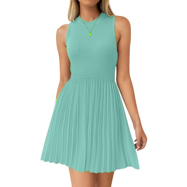 Women's Spring New Round Neck Solid Color Waist Wrap Fashion Sweet Hundred pleats Small hem Dress