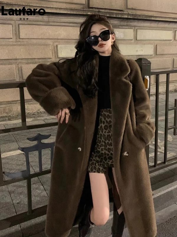 Women's Fur Faux Lautaro Autumn Winter Long Black Warm Thick Soft Mink Coat Women Double Breasted Loose Casual Chic Fluffy Overcoat 2023 231120