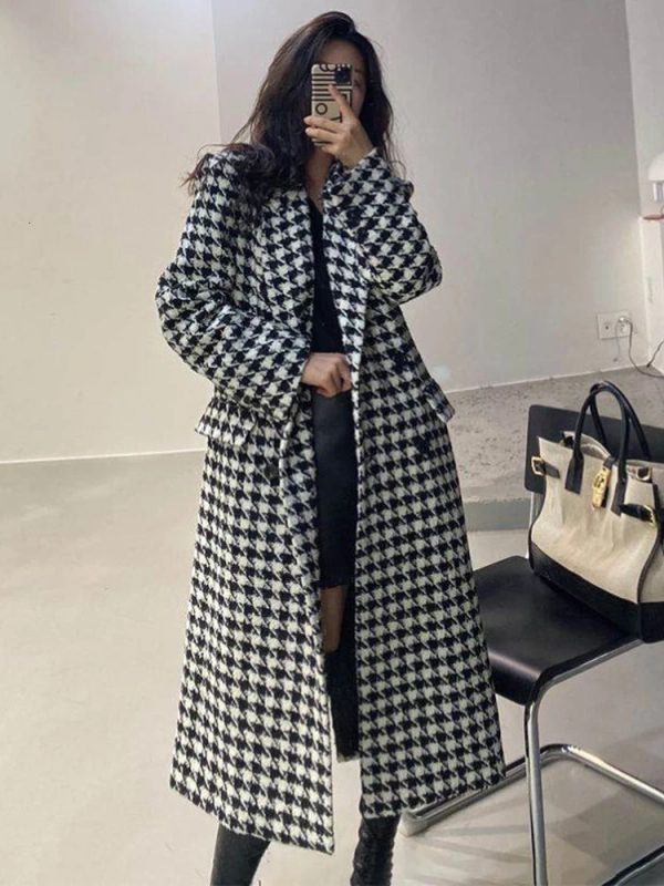 Women's Wool Blends Houndstooth Coat Women Vintage Faux Overcoat Female Autumn Winter Thick Warm Jacket Ladies Korean Fashion Long Blend Coats 231120