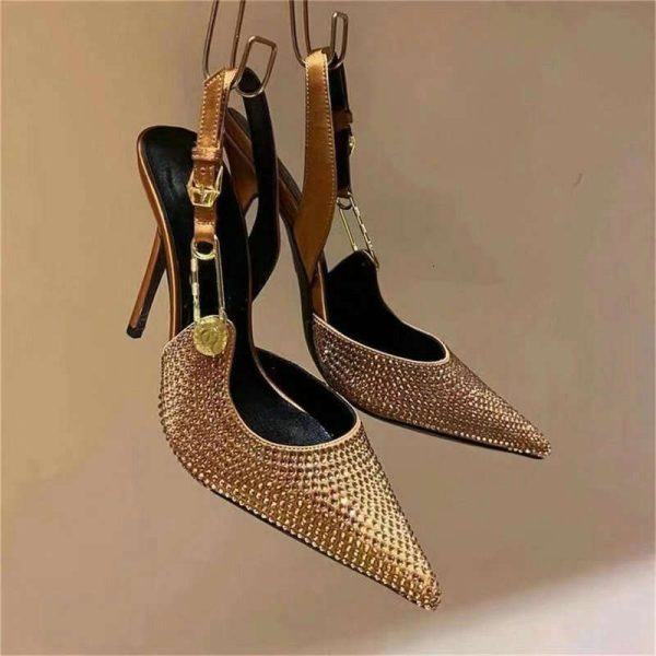 Bling Diamond High Heels Women 2024 Spring Pumps New Pointy Head After Empty Sexy Metal Girl Temperament Baotou French Sandals Kq8