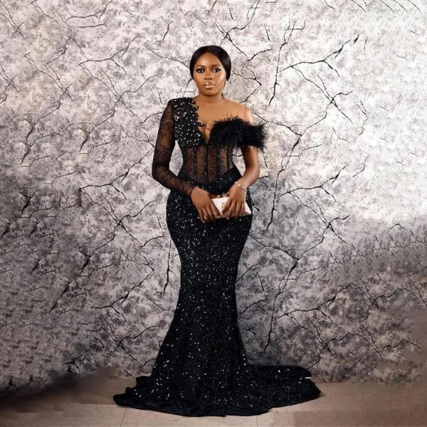 Black Mermaid Sequined Glitter Prom Dresses Long Sleeves Feathers Lace Beaded Aso Ebi Evening Party Gowns Sheer One Shoulder Special Occsion Dress for Women