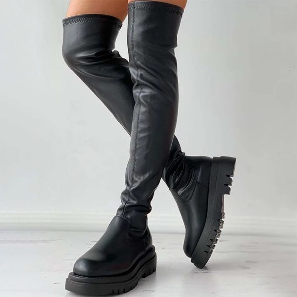 Autumn Winter Thigh High Women Plus Size Slim PU Leather Long Boots Woman Fashion Platform Over The Knee Botas Mujer 2022