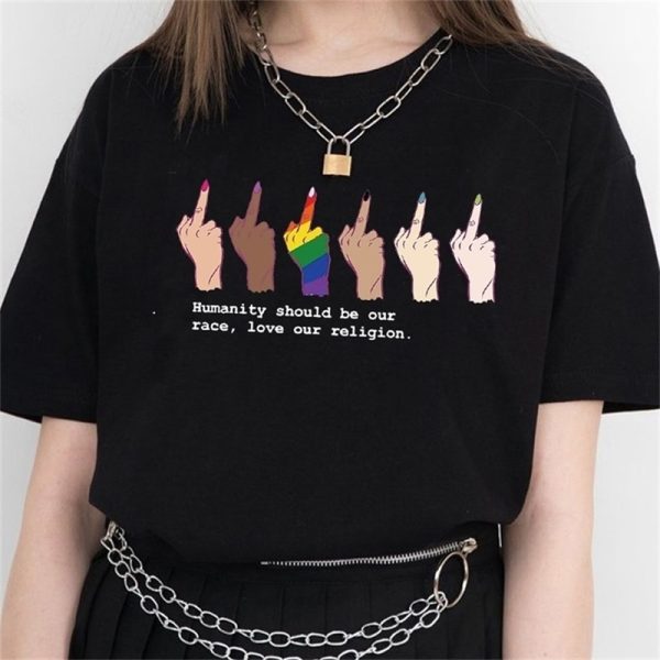 VIP HJN Humanity Should Be Our Race Love Our Religion Against Racial Discrimination Style LGBT Middle Finger Printed T Shirt 210306