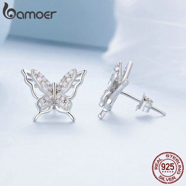 Bamoer 925 Sterling Silver Exquisite Butterfly Stud Earrings Insect Earrings for Women Party Pave Setting CZ Fine Jewelry