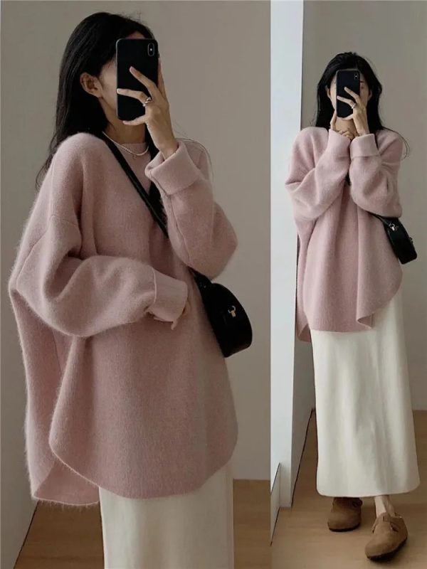 Women's Sweater Loose Cashmere Korean Mid Length Knitwear Vintage French Solid Oversized Pullover Autumn Winter Turtleneck 231026