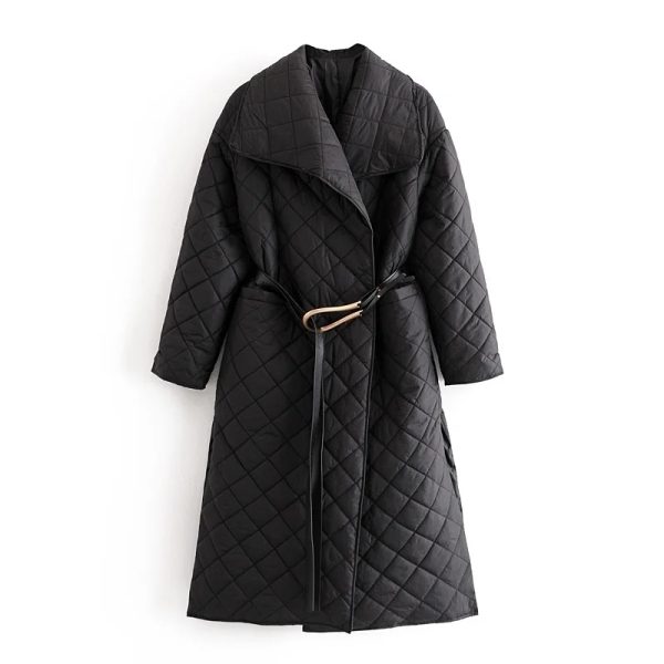 Autumn And Winter Silhouette Diamond Check Cotton Coat Lapel Side Slit Waist Belt Mid-Length Warm Women's Jacket 210521