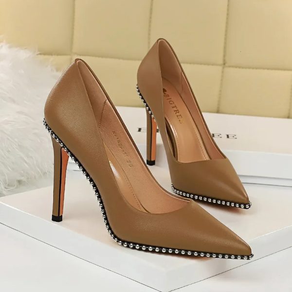 Women 7.5cm 10.5cm High Heels Rivets Pumps Lady Fetish Stiletto Middle Heels Scarpins Stripper Catwalk Evening Party Khaki Shoes 240701