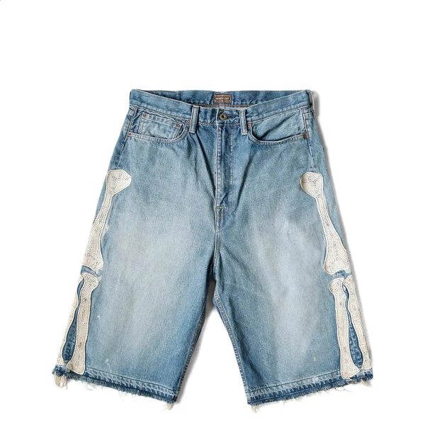 Y2K Harajuku Bone Embroidery Loose Denim Shorts Loose Pants Bone Washed Ragged Edge Denim Shorts Casual Men and Women 240701