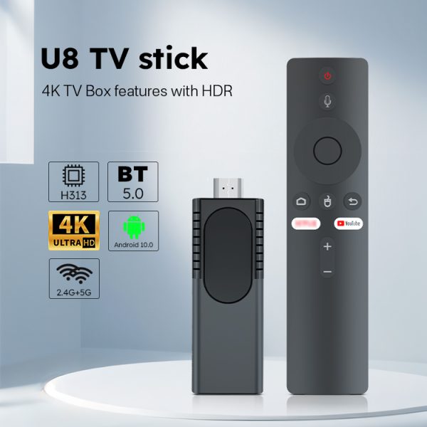 U8 Android TV Stick H313 2GB 8GB 2.4G 5G WiFi Bluetooth 5.0 Voice BT Remote Control Fire TV Stick 4K Androidtv System