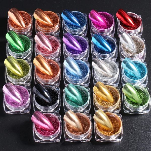 23pcs/Set Metallic Chrome Nail Powder Y2K Styles Magic Mirror Polishing Chrome Pigments Flakes Shimmer Dip Powders Decorations 240701