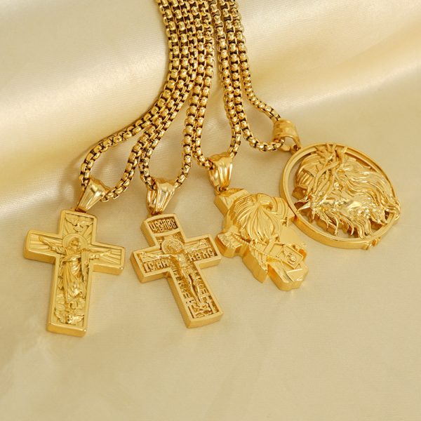 18K Gold Statue Virgin Mary Jesus Cross Pendant Necklace Designer Jewelry Stainless Steel Christian Madonna Gold Chain Hip Hop Necklaces for Woman Man Fine Jewellry